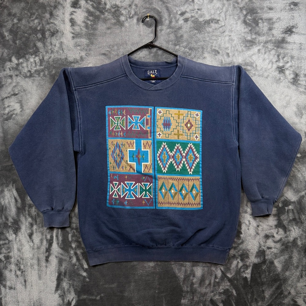Galt Crew Sweatshirt Mens Large Navy Blue Southwestern Tribal Graphic Vintage